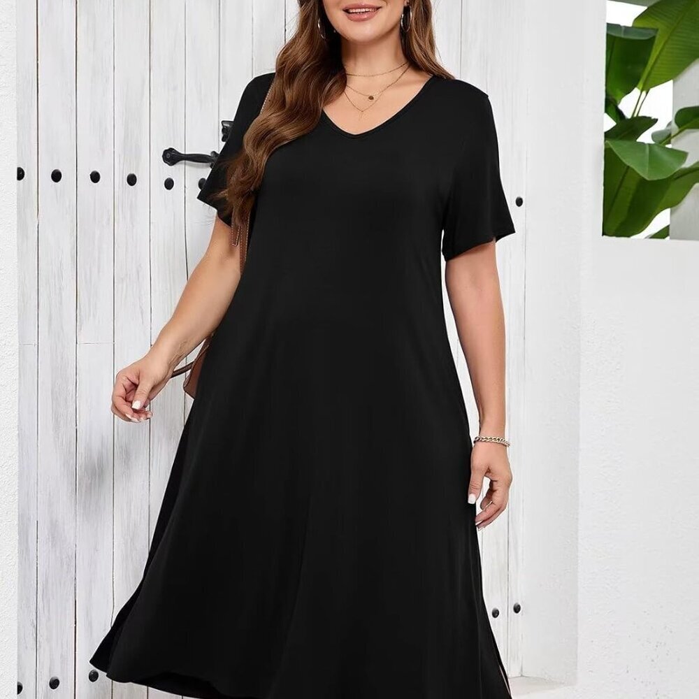 Women Plus Size T-Shirt Dress Casual Long V-Neck Beach Cover Up - Picture 3 of 6
